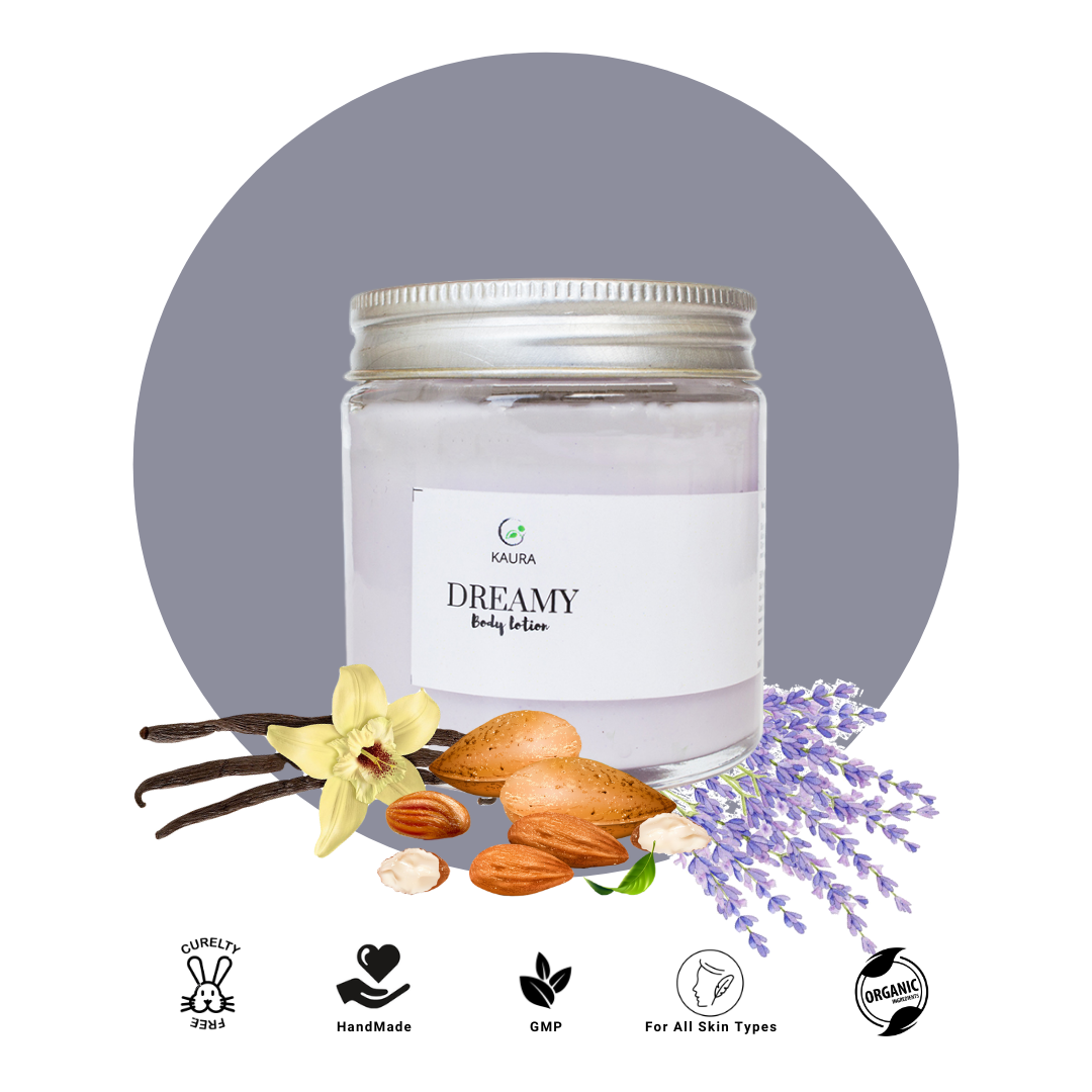 Dreamy Body Lotion has ingredients like lavender, oats, cocoa & shea butter, essential oils and almond oil