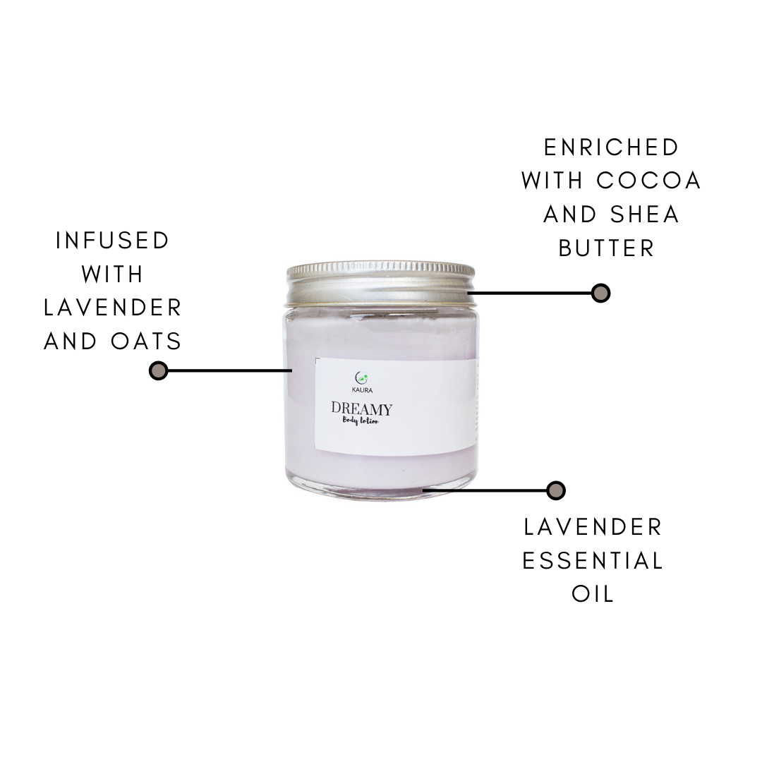 Dreamy Body Lotion Ingredients like lavender, oats, cocoa & shea butter and essential oil